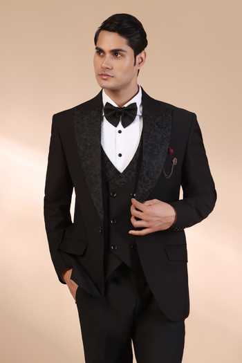 Buy_ZOOP MEN_Black Rayon Embroidery Placed Floral Pattern Tuxedo Set _Online_at_Aza_Fashions