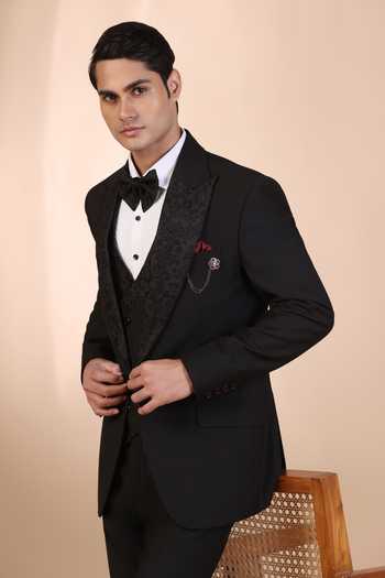 Shop_ZOOP MEN_Black Rayon Embroidery Placed Floral Pattern Tuxedo Set _Online_at_Aza_Fashions