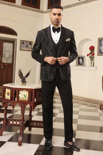 Buy_ZOOP MEN_Black Lycra Embroidery Hand Tuxedo Set _at_Aza_Fashions