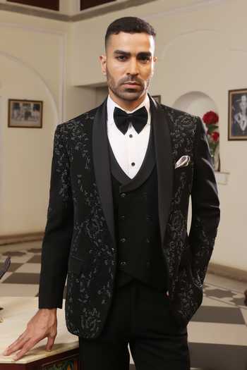 Buy_ZOOP MEN_Black Lycra Embroidery Hand Tuxedo Set _Online_at_Aza_Fashions