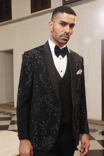 ZOOP MEN_Black Lycra Embroidery Hand Tuxedo Set _at_Aza_Fashions