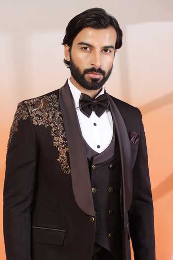 ZOOP MEN_Brown Jacquard Embroidery Hand Tuxedo Set _Online_at_Aza_Fashions