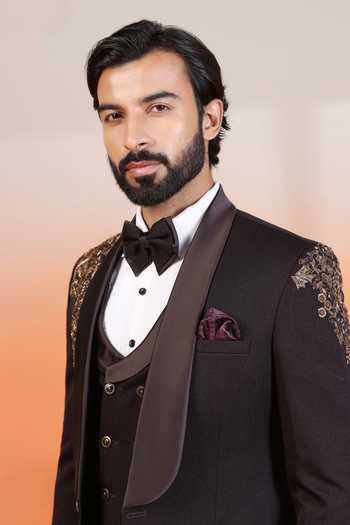 Buy_ZOOP MEN_Brown Jacquard Embroidery Hand Tuxedo Set _Online_at_Aza_Fashions