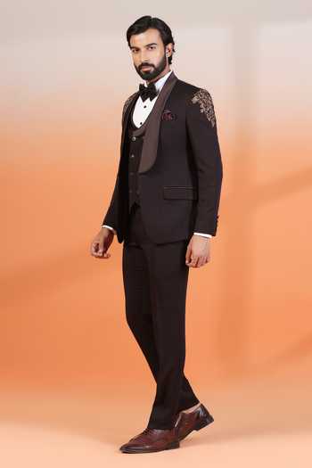 Shop_ZOOP MEN_Brown Jacquard Embroidery Hand Tuxedo Set _Online_at_Aza_Fashions