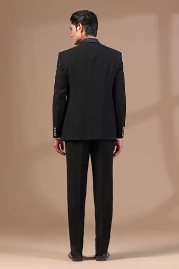 Shop_ZOOP MEN_Black Jacquard Pearls Feather Motif Tuxedo Set _at_Aza_Fashions