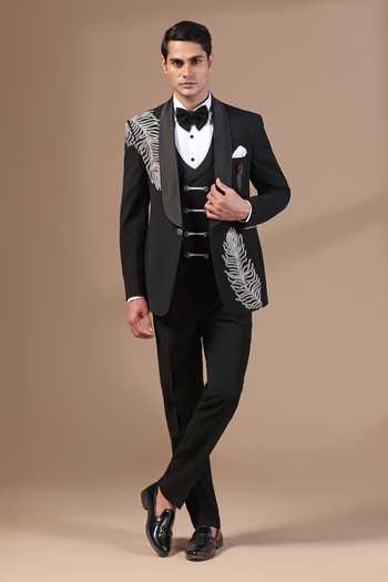 Buy_ZOOP MEN_Black Jacquard Pearls Feather Motif Tuxedo Set _at_Aza_Fashions