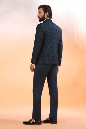 Shop_ZOOP MEN_Teal Jacquard, Rayon Embroidery Hand Tuxedo Set _at_Aza_Fashions