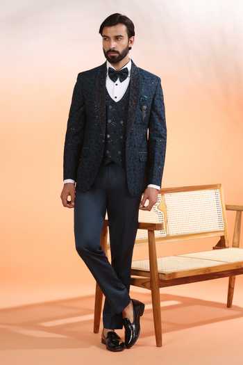 Buy_ZOOP MEN_Teal Jacquard, Rayon Embroidery Hand Tuxedo Set _at_Aza_Fashions