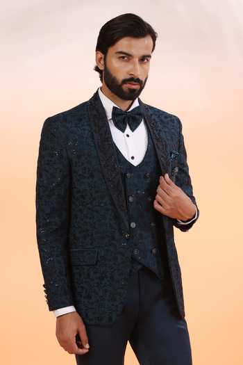 Buy_ZOOP MEN_Teal Jacquard, Rayon Embroidery Hand Tuxedo Set _Online_at_Aza_Fashions