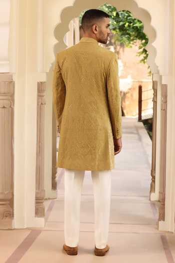 Shop_ZOOP MEN_Green Velvet, Silk, Lycra, Polyester Thread Embroidered Sherwani Set _at_Aza_Fashions
