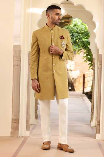 Buy_ZOOP MEN_Green Velvet, Silk, Lycra, Polyester Thread Embroidered Sherwani Set _Online_at_Aza_Fashions