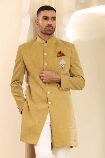 Shop_ZOOP MEN_Green Velvet, Silk, Lycra, Polyester Thread Embroidered Sherwani Set _Online_at_Aza_Fashions