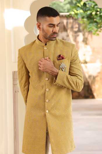 ZOOP MEN_Green Velvet, Silk, Lycra, Polyester Thread Embroidered Sherwani Set _at_Aza_Fashions