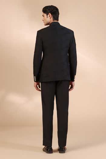Shop_ZOOP MEN_Black Jacquard, Rayon Debossed Thread Work Bandhgala And Trouser Set _at_Aza_Fashions