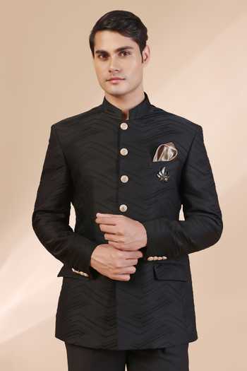 Shop_ZOOP MEN_Black Jacquard, Rayon Debossed Thread Work Bandhgala And Trouser Set _Online_at_Aza_Fashions