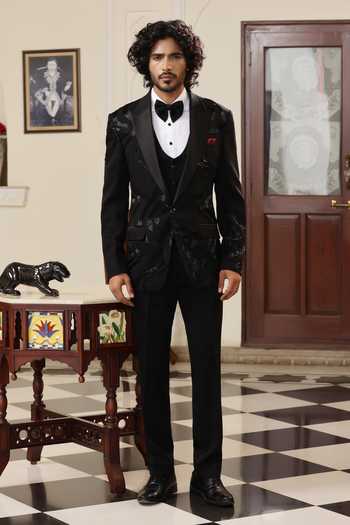 Shop_ZOOP MEN_Black Lycra Embroidery Japanese Tuxedo Set _at_Aza_Fashions