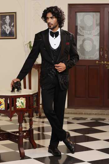 Buy_ZOOP MEN_Black Lycra Embroidery Japanese Tuxedo Set _at_Aza_Fashions