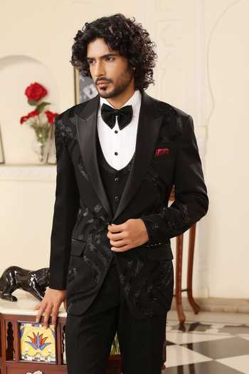 Shop_ZOOP MEN_Black Lycra Embroidery Japanese Tuxedo Set _Online_at_Aza_Fashions