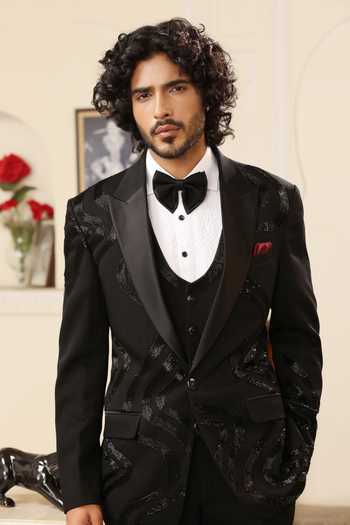 ZOOP MEN_Black Lycra Embroidery Japanese Tuxedo Set _at_Aza_Fashions