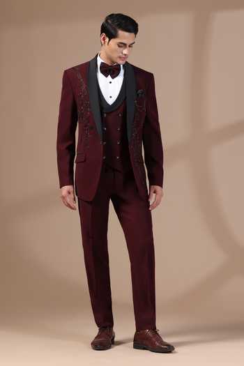 Buy_ZOOP MEN_Maroon Lycra Embroidery Hand Japanese Tuxedo Set _at_Aza_Fashions