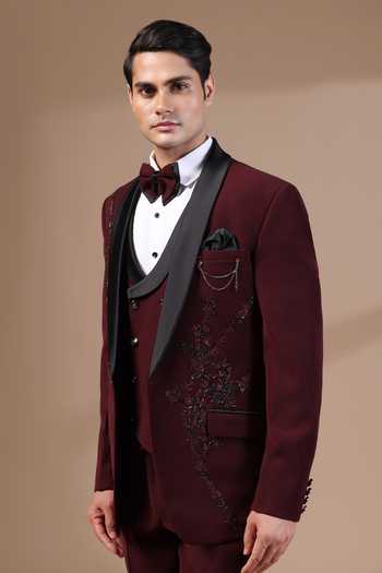 Buy_ZOOP MEN_Maroon Lycra Embroidery Hand Japanese Tuxedo Set _Online_at_Aza_Fashions
