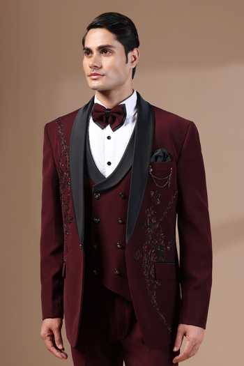Shop_ZOOP MEN_Maroon Lycra Embroidery Hand Japanese Tuxedo Set _at_Aza_Fashions