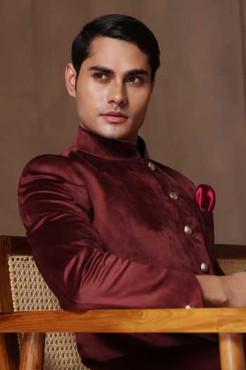 ZOOP MEN_Maroon Cotton, Velvet, Polyester, Silk Sherwani Jacket And Pant Set _Online_at_Aza_Fashions