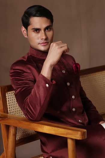 Buy_ZOOP MEN_Maroon Cotton, Velvet, Polyester, Silk Sherwani Jacket And Pant Set _Online_at_Aza_Fashions