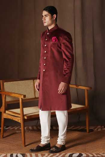 Shop_ZOOP MEN_Maroon Cotton, Velvet, Polyester, Silk Sherwani Jacket And Pant Set _at_Aza_Fashions