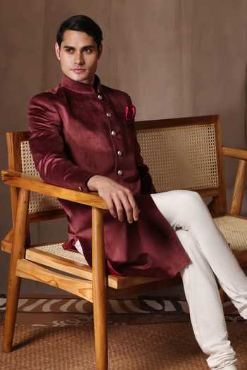ZOOP MEN_Maroon Cotton, Velvet, Polyester, Silk Sherwani Jacket And Pant Set _at_Aza_Fashions