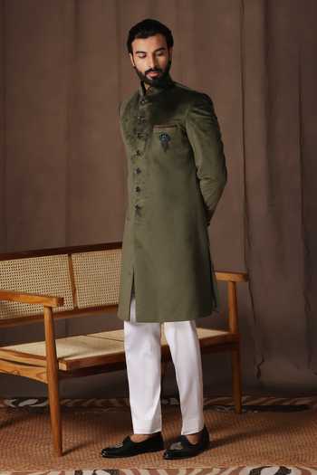 Shop_ZOOP MEN_Green Velvet, Cotton, Polyester, Silk Sherwani And Pant Set _at_Aza_Fashions