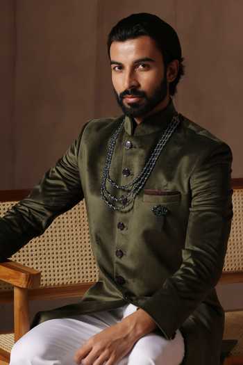 ZOOP MEN_Green Velvet, Cotton, Polyester, Silk Sherwani And Pant Set _at_Aza_Fashions