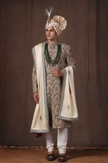 Buy_ZOOP MEN_Green Silk, Cotton, Satin Hand Embroidered Sherwani Set _at_Aza_Fashions