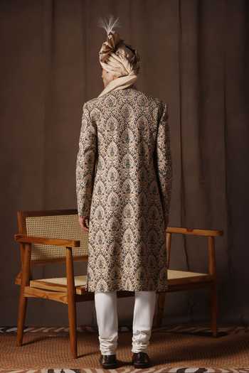 Shop_ZOOP MEN_Green Silk, Cotton, Satin Hand Embroidered Sherwani Set _at_Aza_Fashions