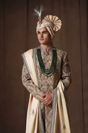 Shop_ZOOP MEN_Green Silk, Cotton, Satin Hand Embroidered Sherwani Set _Online_at_Aza_Fashions