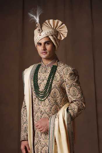 ZOOP MEN_Green Silk, Cotton, Satin Hand Embroidered Sherwani Set _at_Aza_Fashions