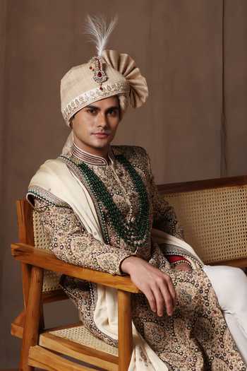 ZOOP MEN_Green Silk, Cotton, Satin Hand Embroidered Sherwani Set _Online