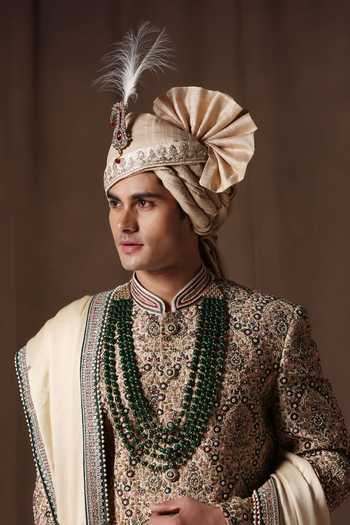Buy_ZOOP MEN_Green Silk, Cotton, Satin Hand Embroidered Sherwani Set _Online