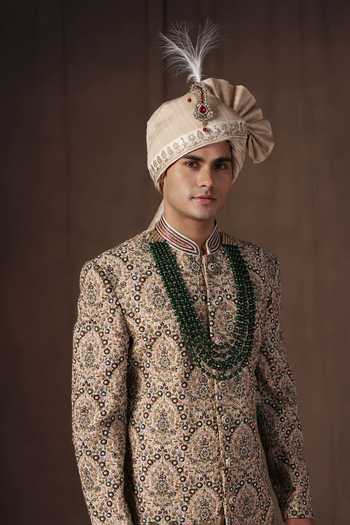 Shop_ZOOP MEN_Green Silk, Cotton, Satin Hand Embroidered Sherwani Set _Online