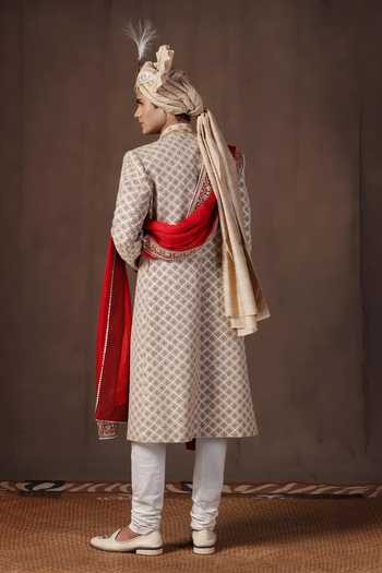 Shop_ZOOP MEN_Gold Jacquard, Silk, Cotton, Satin Embroidered Sherwani Set _at_Aza_Fashions