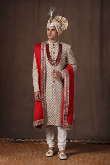 Buy_ZOOP MEN_Gold Jacquard, Silk, Cotton, Satin Embroidered Sherwani Set _at_Aza_Fashions