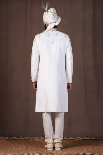 Shop_ZOOP MEN_White Jacquard, Silk, Cotton, Satin Hand Embroidered Sherwani Set _at_Aza_Fashions