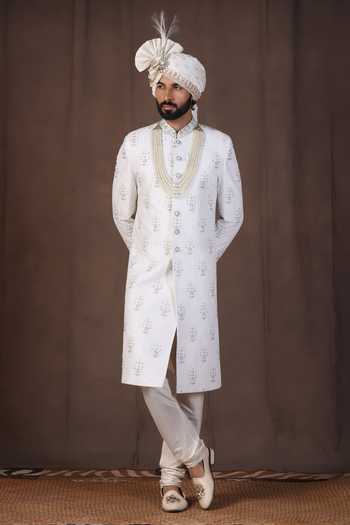 ZOOP MEN_White Jacquard, Silk, Cotton, Satin Hand Embroidered Sherwani Set _Online_at_Aza_Fashions
