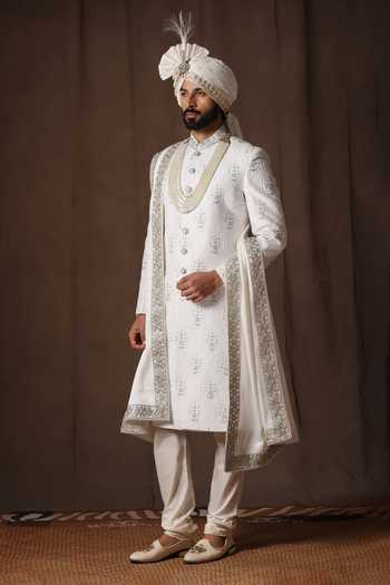 Buy_ZOOP MEN_White Jacquard, Silk, Cotton, Satin Hand Embroidered Sherwani Set _at_Aza_Fashions
