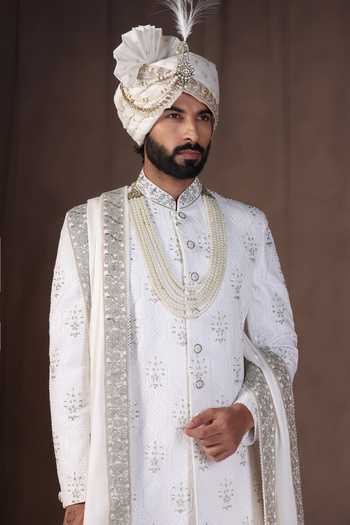 Shop_ZOOP MEN_White Jacquard, Silk, Cotton, Satin Hand Embroidered Sherwani Set _Online_at_Aza_Fashions
