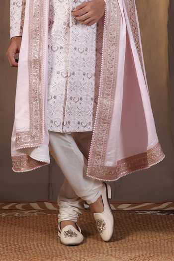 Shop_ZOOP MEN_Pink Silk, Jacquard, Cotton, Satin Hand Embroidered Sherwani Set _Online_at_Aza_Fashions