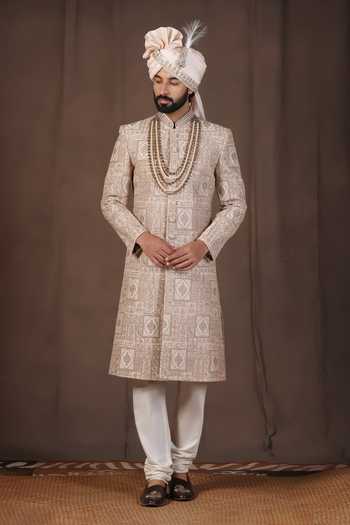 ZOOP MEN_Gold Jacquard, Silk, Cotton, Satin Embroidered Sherwani Set _Online_at_Aza_Fashions