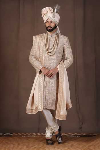 Buy_ZOOP MEN_Gold Jacquard, Silk, Cotton, Satin Embroidered Sherwani Set _at_Aza_Fashions