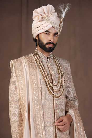 ZOOP MEN_Gold Jacquard, Silk, Cotton, Satin Embroidered Sherwani Set _at_Aza_Fashions