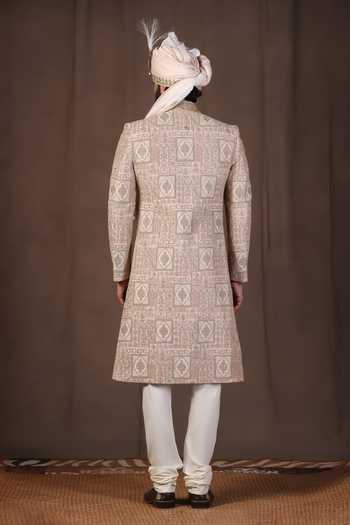 Shop_ZOOP MEN_Gold Jacquard, Silk, Cotton, Satin Embroidered Sherwani Set _at_Aza_Fashions